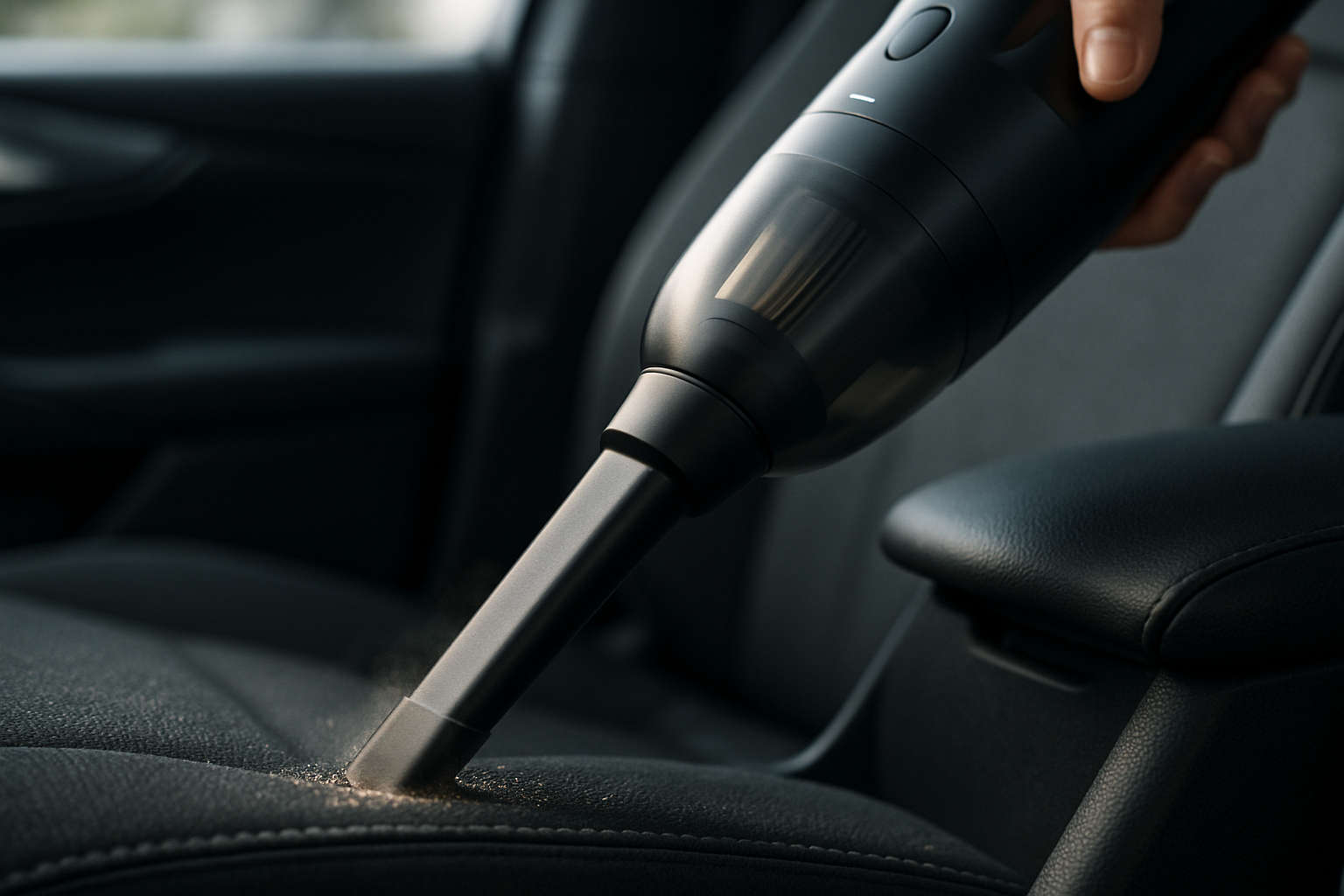 Aspirador automotivo portátil removendo poeira da fresta entre o banco e o console do carro.