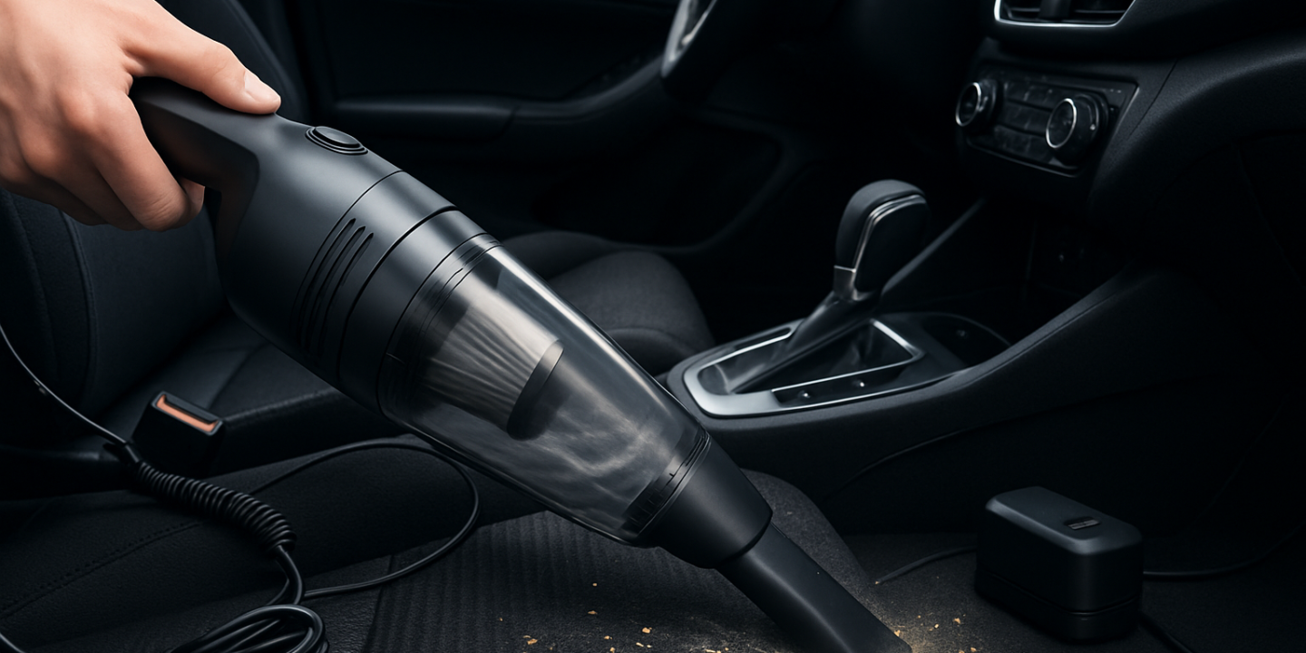 Aspirador automotivo portátil limpando o carpete de um carro, com bico estreito e cabo 12V ao lado.
