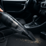 Aspirador automotivo portátil limpando o carpete de um carro, com bico estreito e cabo 12V ao lado.
