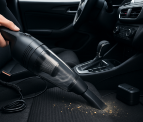 Aspirador automotivo portátil limpando o carpete de um carro, com bico estreito e cabo 12V ao lado.